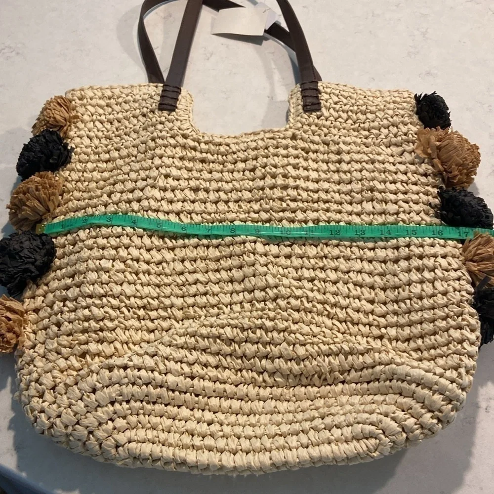 NEW BLUE MIAMI by Capelli Pom Pom Straw Tote Bag Purse
